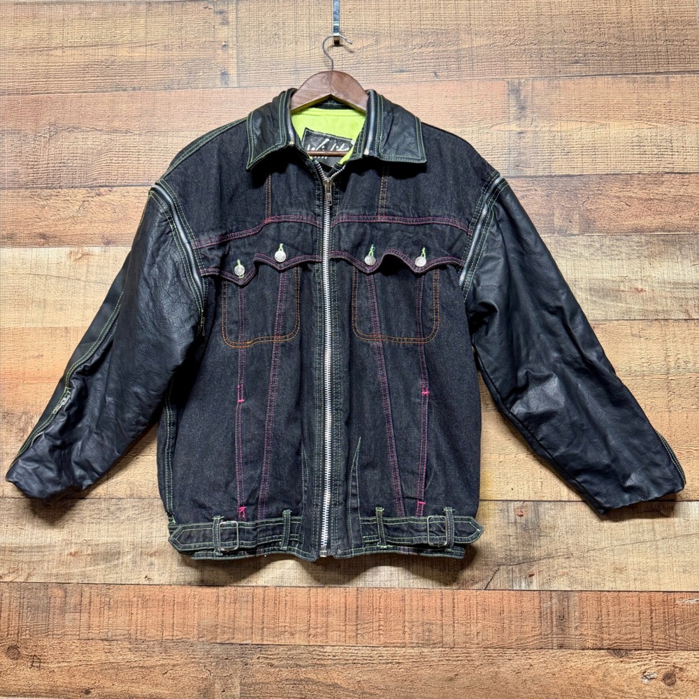 Vintage 90s Winlet The Science of Ziplerology Denim Leather Jacket Neon Black L